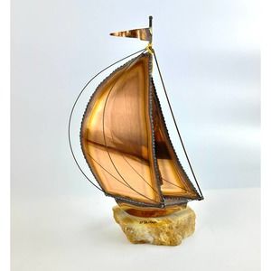 Signed DeMott Sail Boat Brutalist Sculpture Brass Copper Set On Onyx With Tags